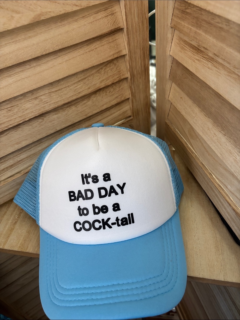 Light Blue and White Trucker Hat with Black Text